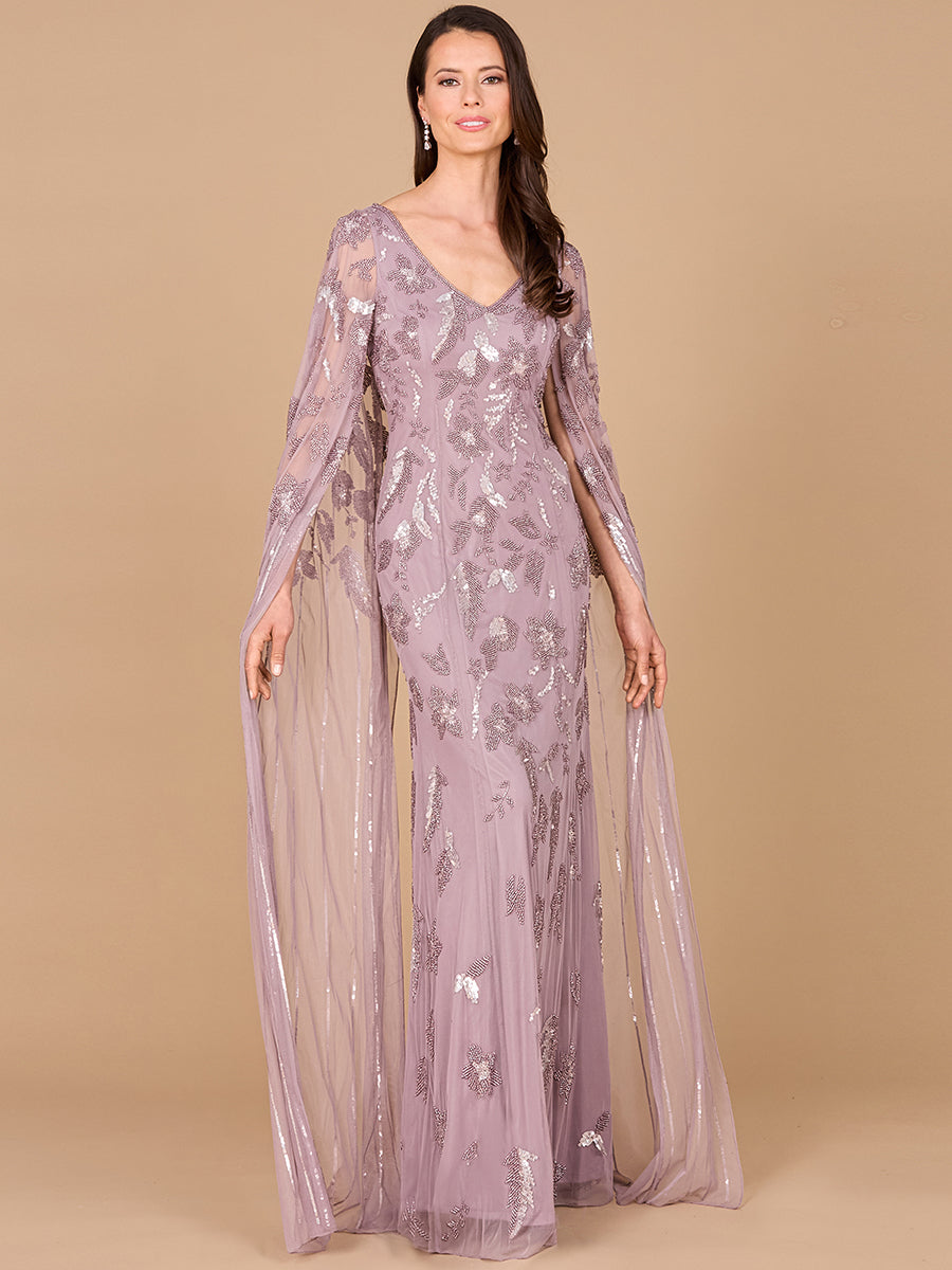 Formal Dresses Long Formal Beaded Cape Evening Dress Dusty Lavender