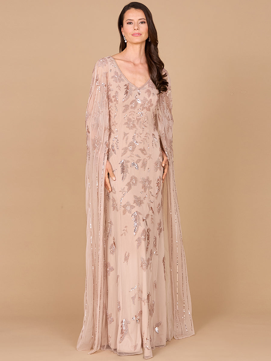 Formal Dresses Long Formal Beaded Cape Evening Dress Nude