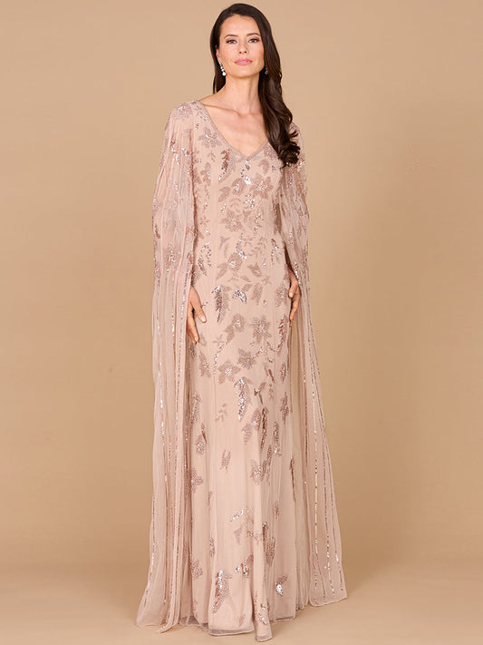 Formal Dresses Long Formal Beaded Cape Evening Dress Nude