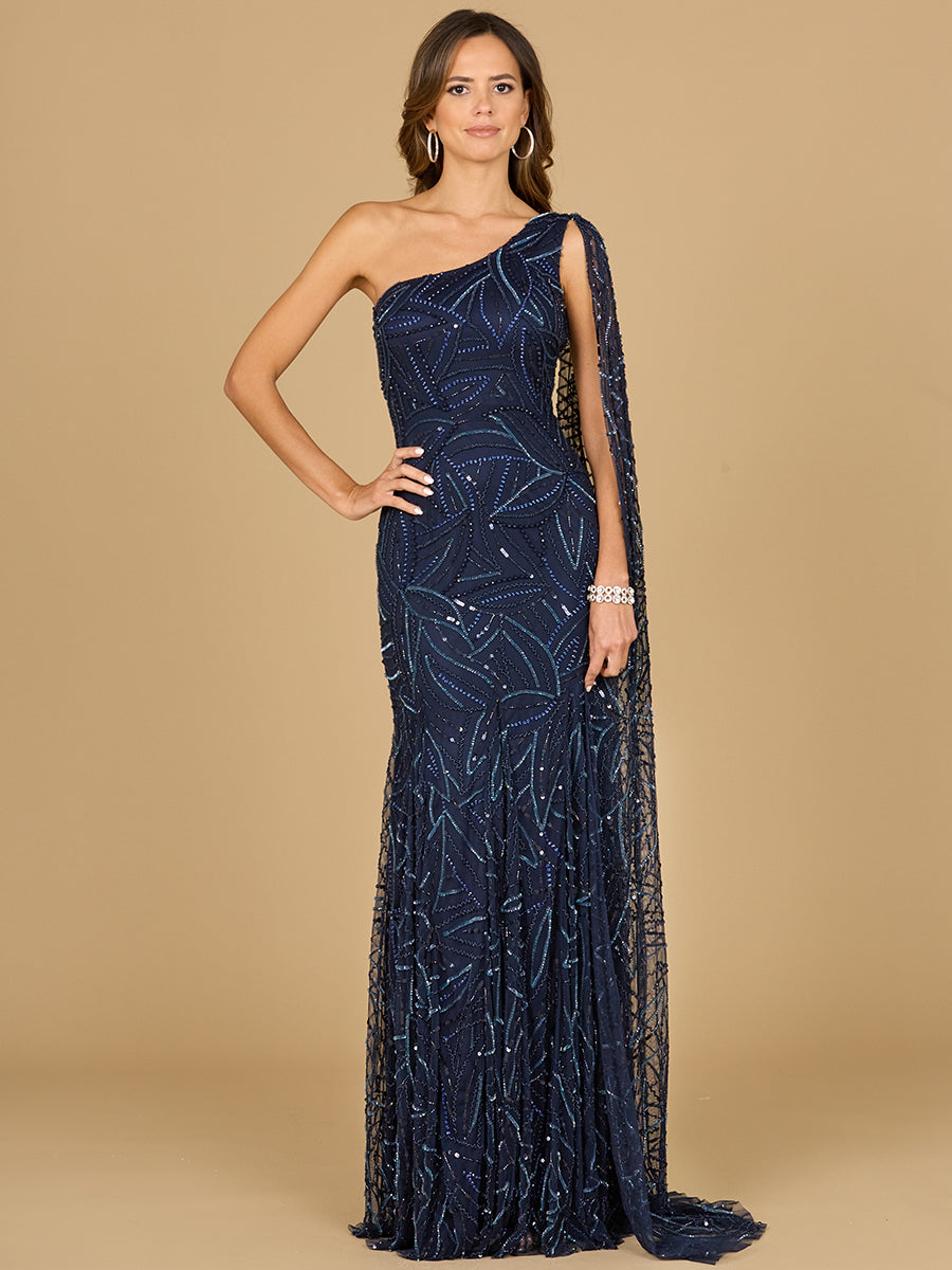 Formal Dresses Long Mermaid Formal Beded Cape Sleeve Evening Dress Navy