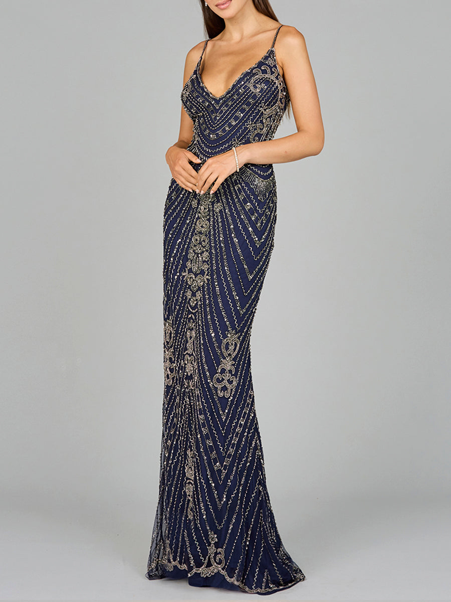 Formal Dresses Prom Long Beaded Formal Evening Dress Navy/Gunmetal