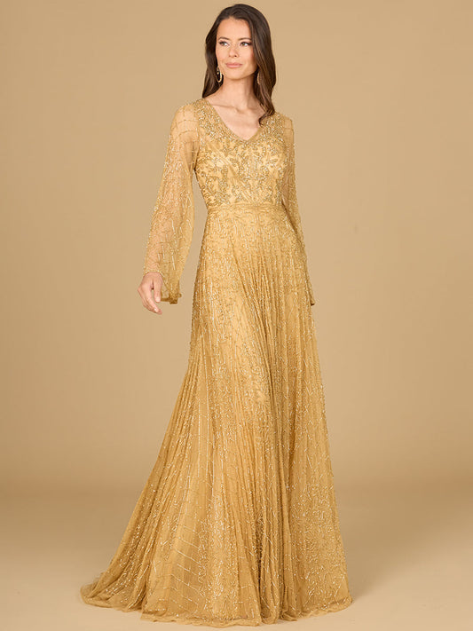 Formal Dresses A Line Long Sleeve Beaded Formal Evening Dress Gold