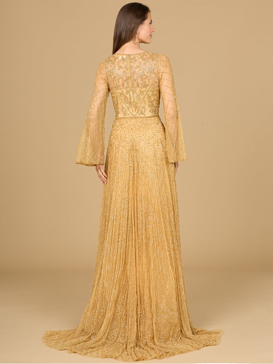Formal Dresses A Line Long Sleeve Beaded Formal Evening Dress Gold