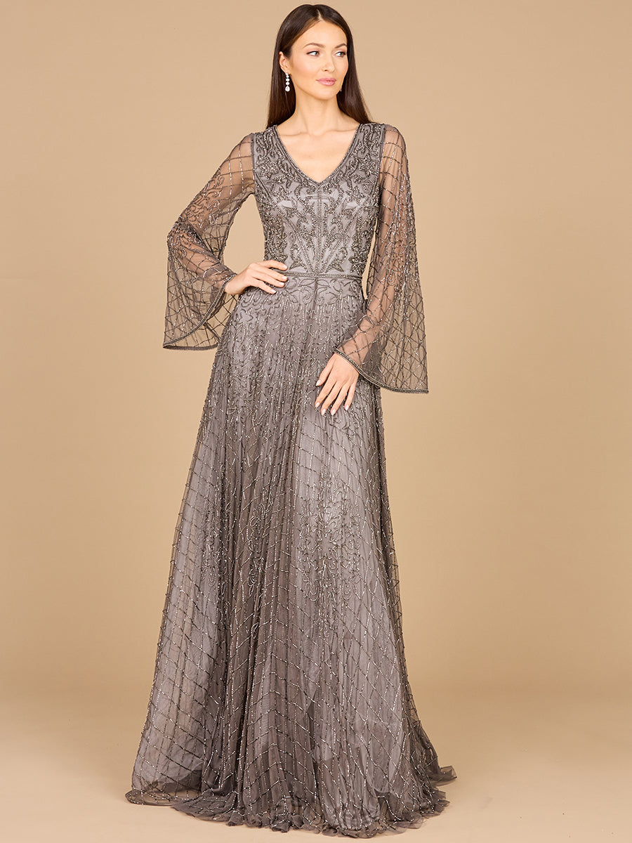 Formal Dresses A Line Long Sleeve Beaded Formal Evening Dress Grey