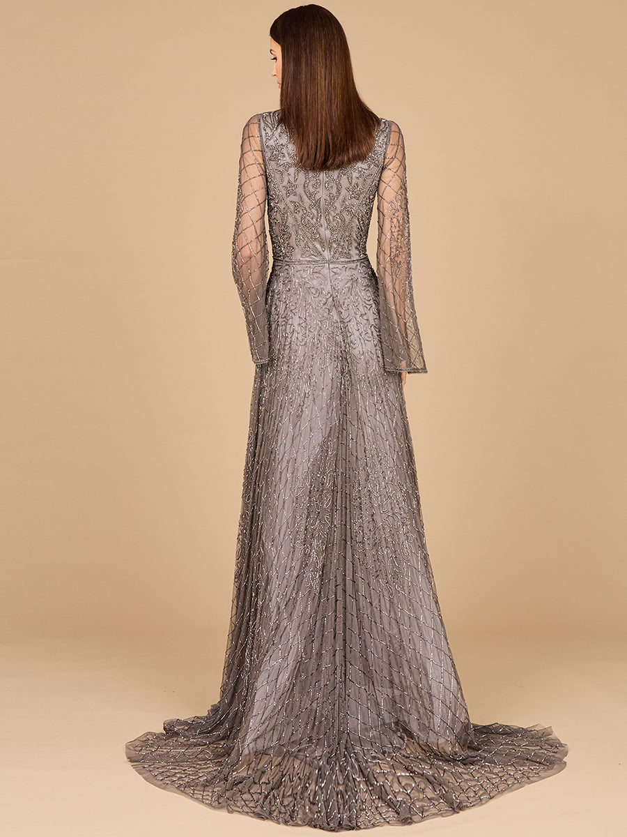 Formal Dresses A Line Long Sleeve Beaded Formal Evening Dress Grey