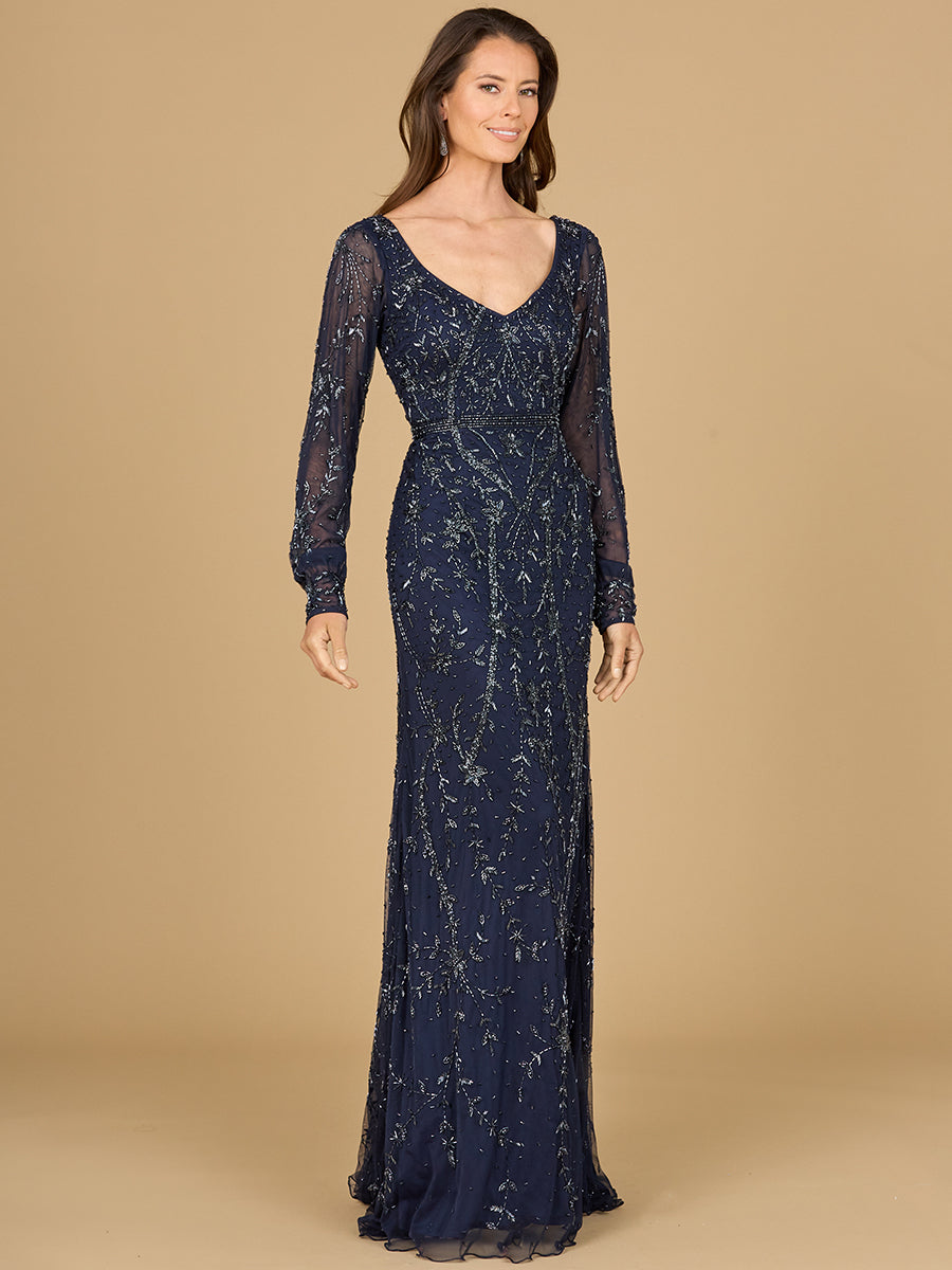 Formal Dresses Long Sleeve Formal Beaded Evening Dress Navy