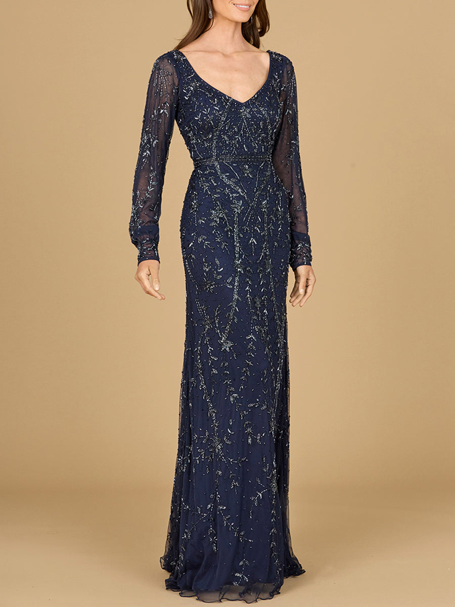 Formal Dresses Long Sleeve Formal Beaded Evening Dress Navy