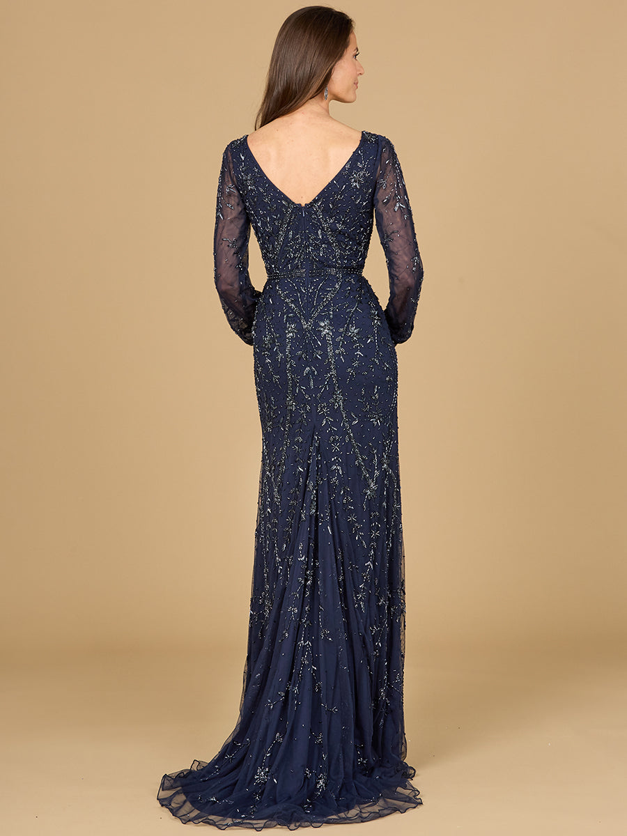Formal Dresses Long Sleeve Formal Beaded Evening Dress Navy
