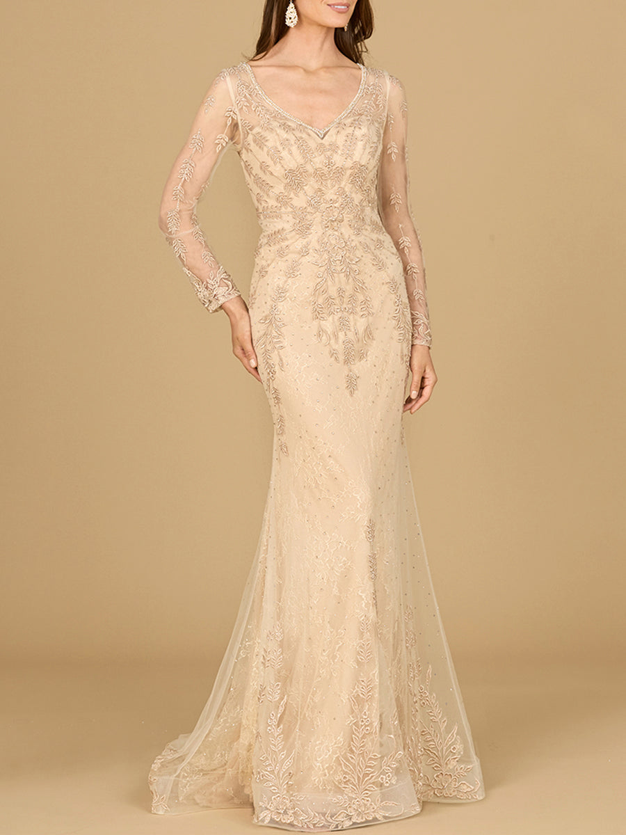 Formal Dresses Beaded Lace Applique Long Sleeve Formal Dress Champagne