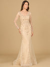 Formal Dresses Beaded Lace Applique Long Sleeve Formal Dress Champagne