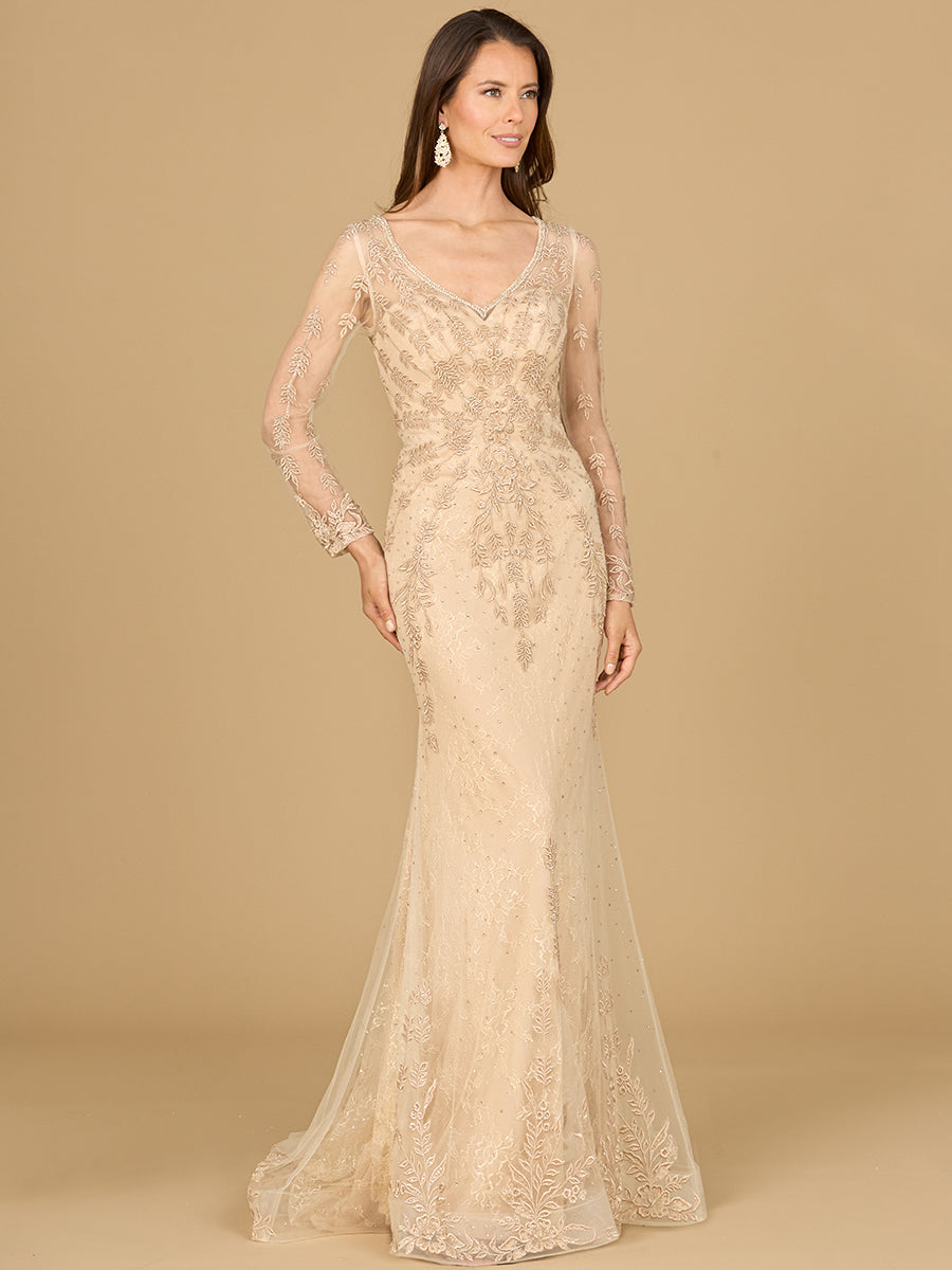 Formal Dresses Beaded Lace Applique Long Sleeve Formal Dress Champagne
