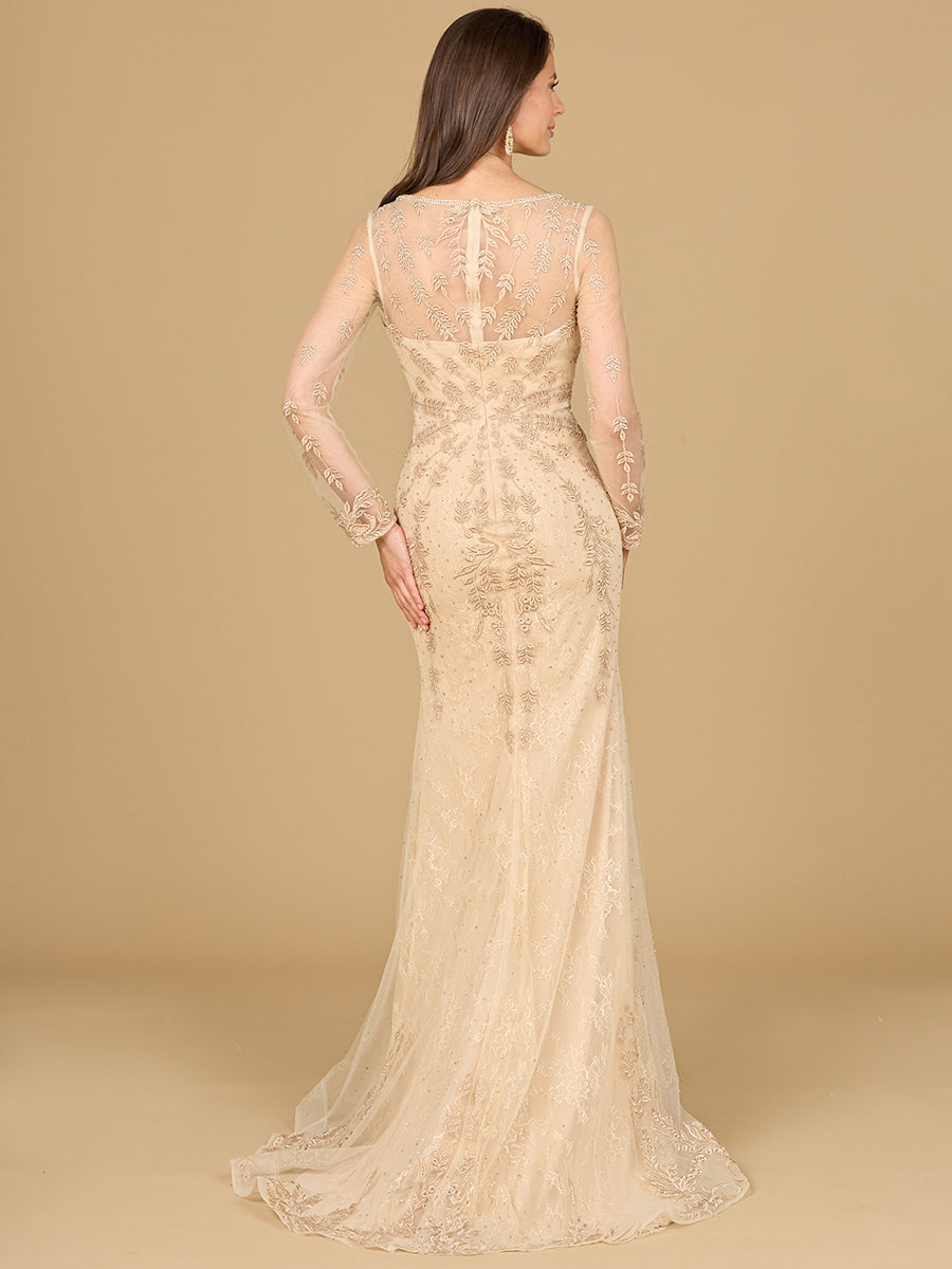 Formal Dresses Beaded Lace Applique Long Sleeve Formal Dress Champagne