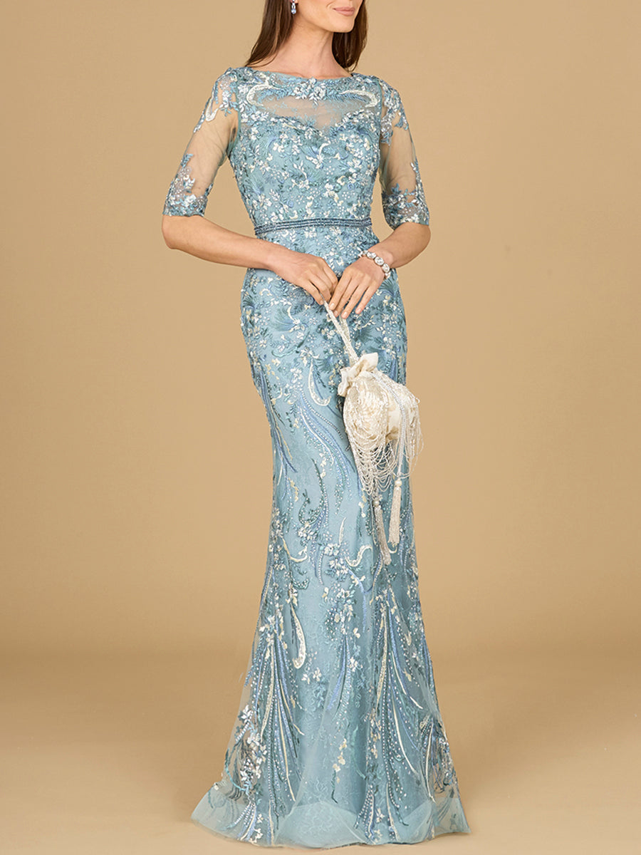 Formal Dresses Fitted Long Lace Formal Evening Mermaid Dress Dusty Blue