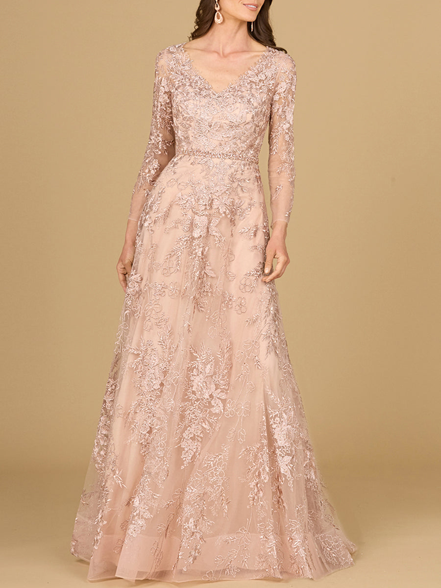 Formal Dresses Long Sleeve Formal Lace A Line Evening Dress Blush