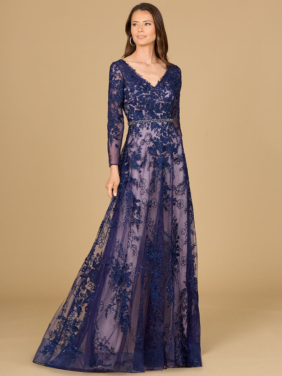 Formal Dresses Long Sleeve Formal Lace A Line Evening Dress Navy
