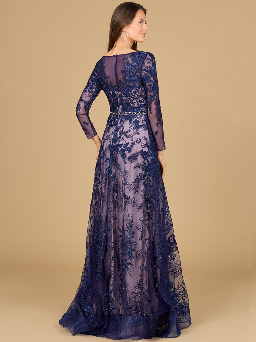 Formal Dresses Long Sleeve Formal Lace A Line Evening Dress Navy