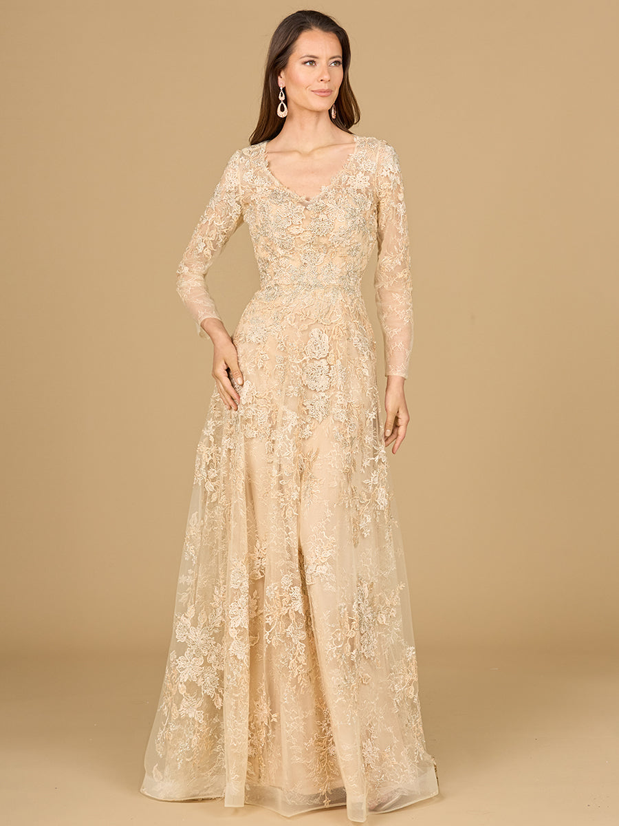 Formal Dresses Long Sleeve A Line Formal Lace Dress Champagne