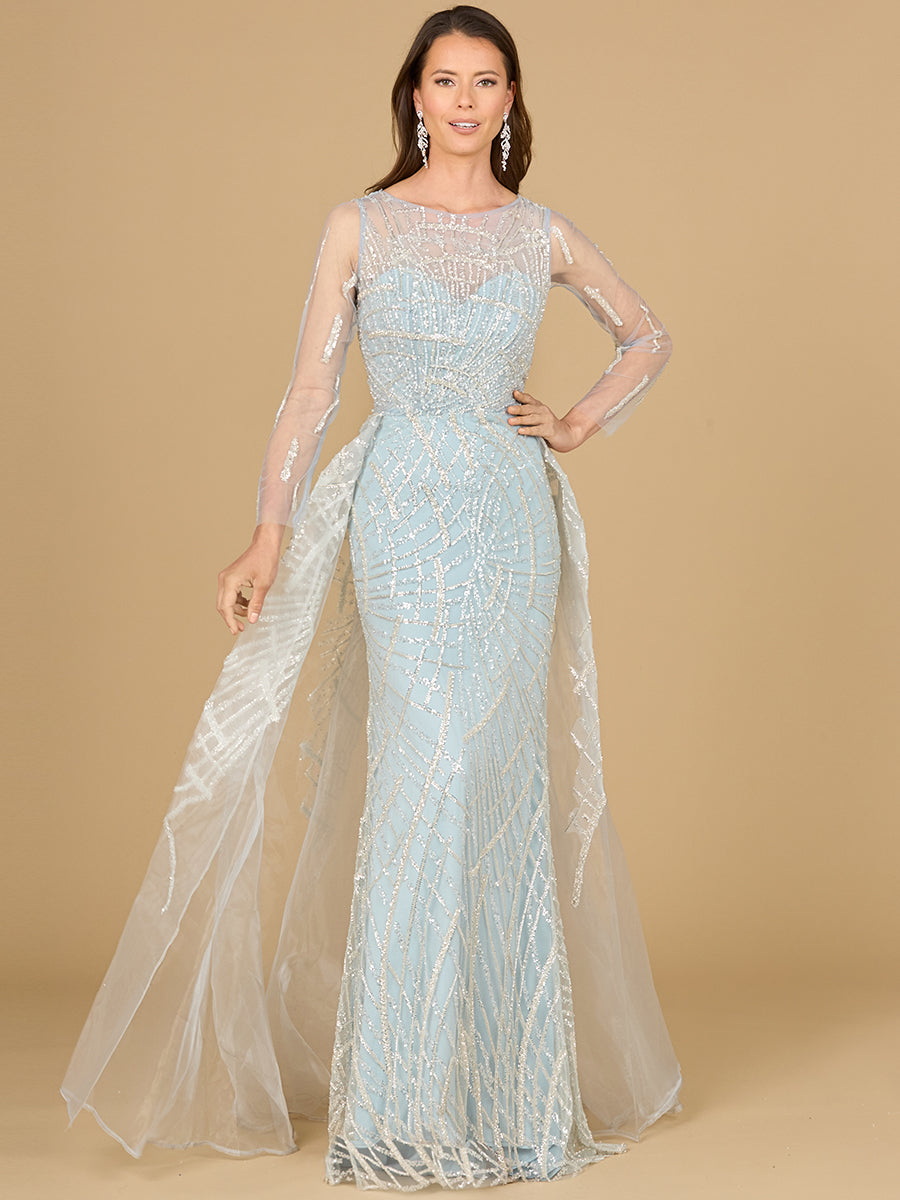 Formal Dresses Beaded Long Sleeve Formal Overskirt Dress Frost