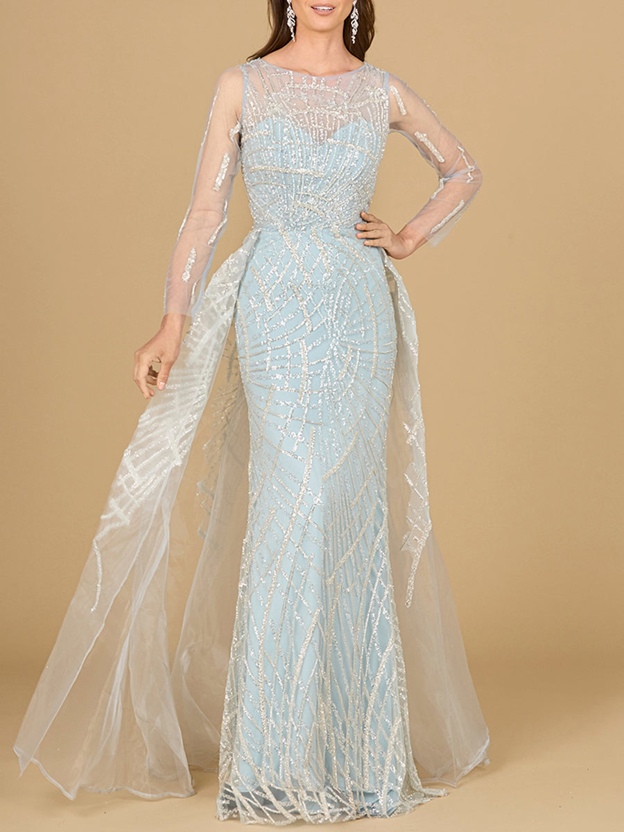 Formal Dresses Beaded Long Sleeve Formal Overskirt Dress Frost