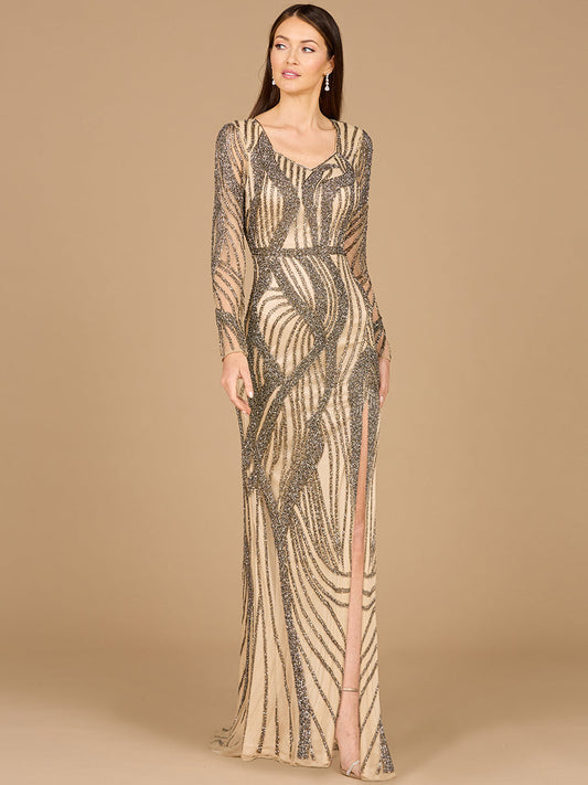 Formal  Dresses Beaded Long Sleeve Formal Evening Dress Nude