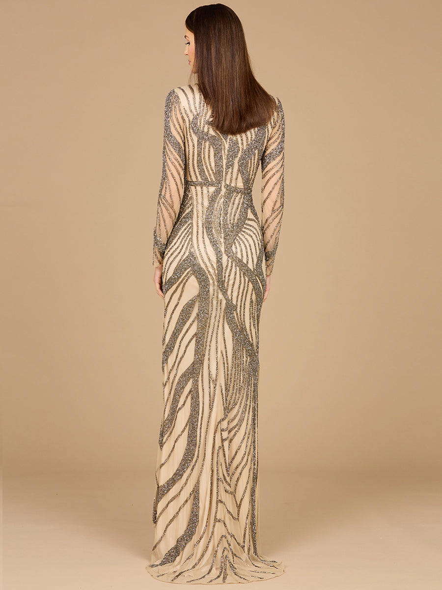 Formal  Dresses Beaded Long Sleeve Formal Evening Dress Nude