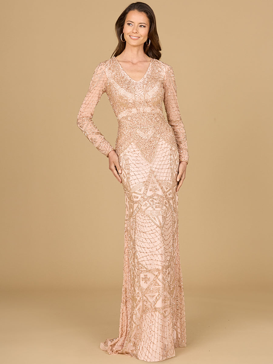 Formal Dresses  Beaded Long Sleeve Evening Formal Dress Rose Gold