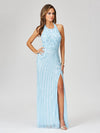 Prom Dresses Fitted Long Slit Beaded Formal Evening Prom Dress Periwinkle