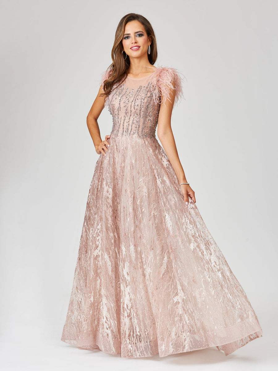 Formal Dresses Long Ball Gown Formal Lace Feather Evening Dress Blush