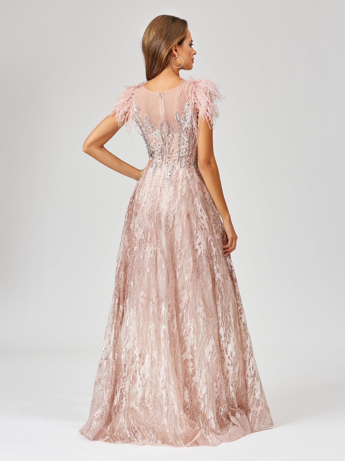 Formal Dresses Long Ball Gown Formal Lace Feather Evening Dress Blush