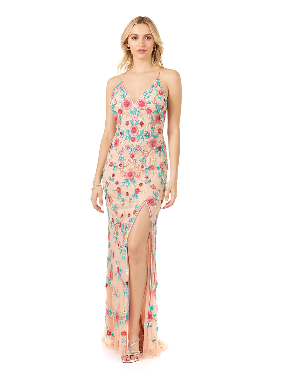 Prom Dresses Prom Long Beaded Floral Pattern Formal Evening Dress  Nude/Multi