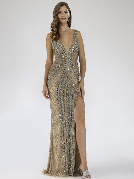 Prom Dresses Beaded High Slit Long Fitted Prom Formal Dress Nude