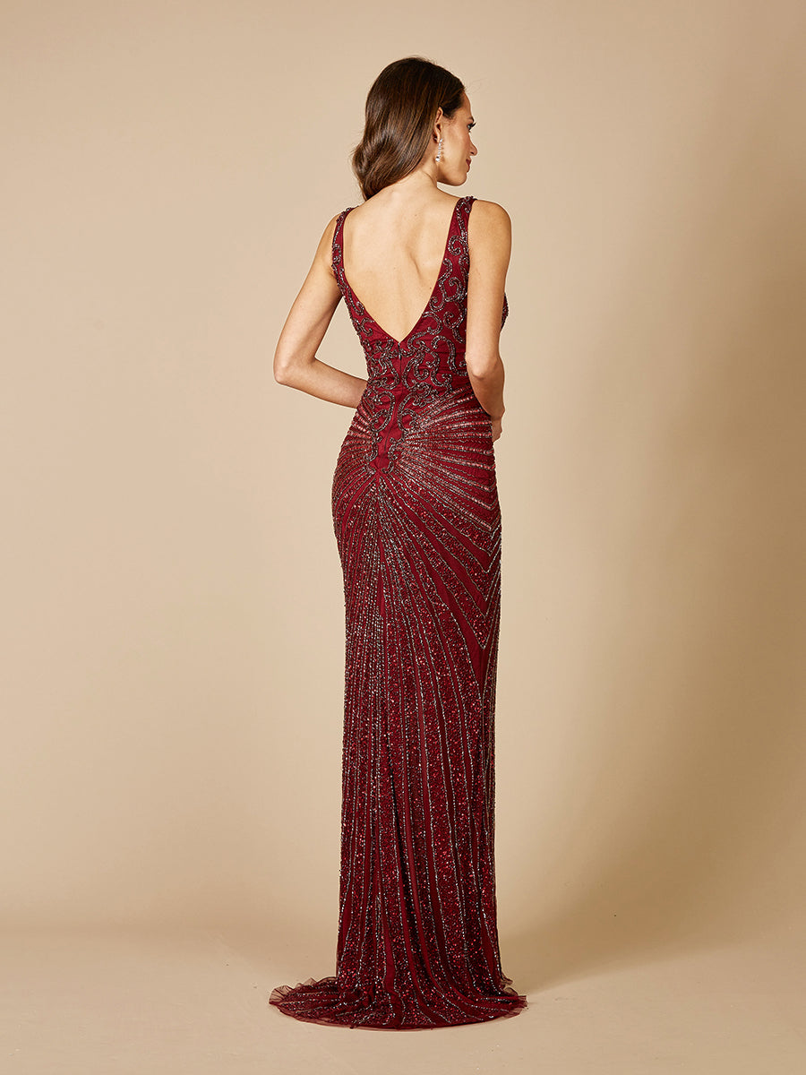 Prom Dresses Beaded Slit Long Formal Fitted Prom Dress Wine