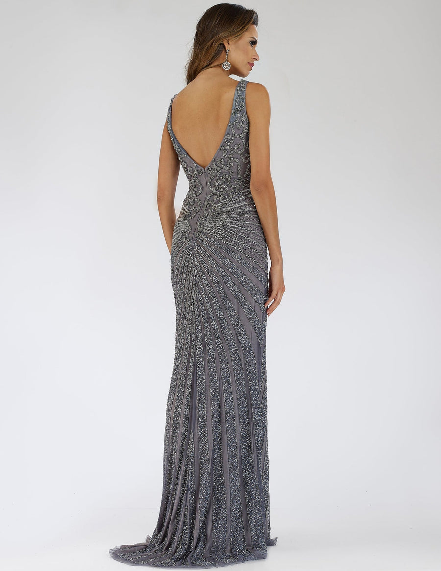 Prom Dresses Beaded Slit Long Formal Fitted Prom Dress Grey