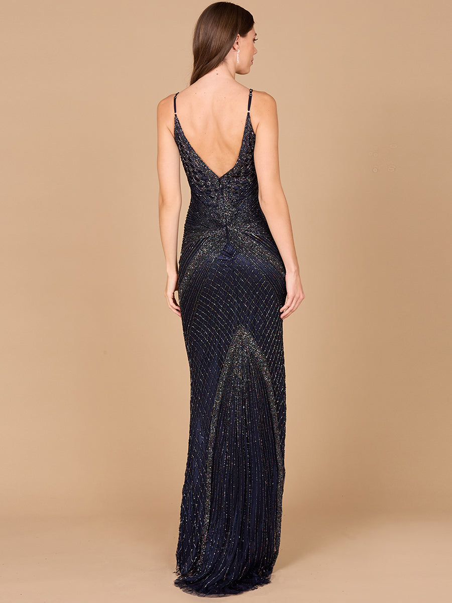 Prom Dresses Long Fitted Formal Metallic Beaded Prom Dress Navy