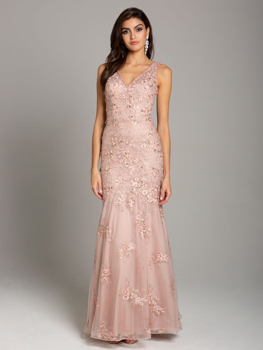 Formal Dresses Long Formal Floral Lace Applique Evening Dress Blush