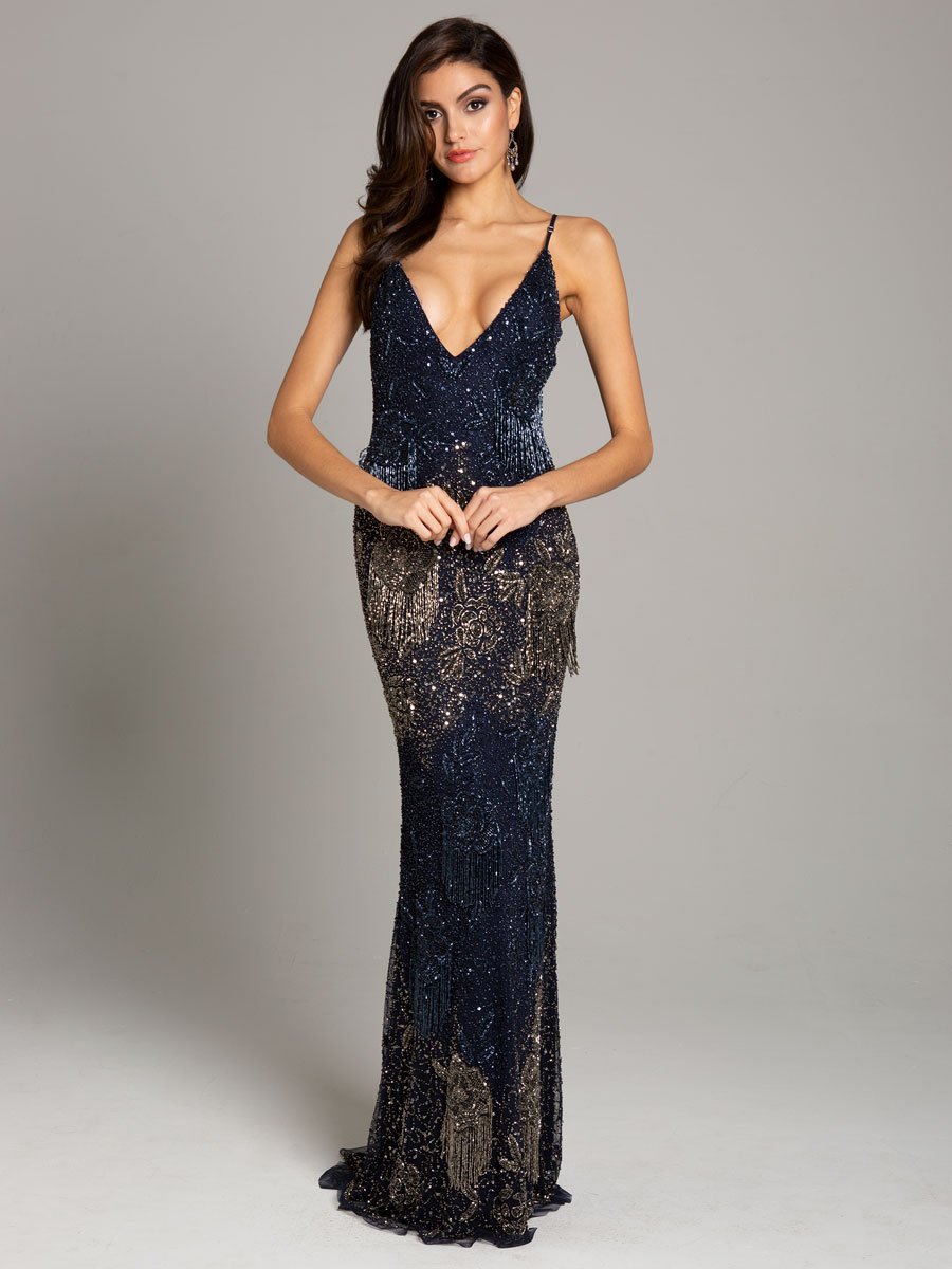 Prom Dresses Long Formal Beaded Fringe Prom Dress Navy