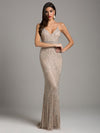 Prom Dresses Beaded Long Formal Fitted Prom Dress Nude/Silver