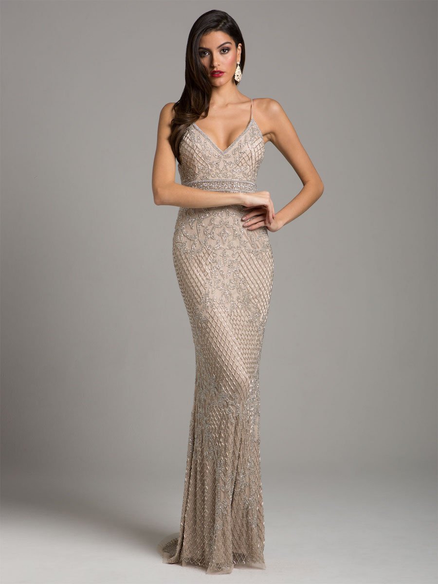 Prom Dresses Beaded Long Formal Fitted Prom Dress Nude/Silver