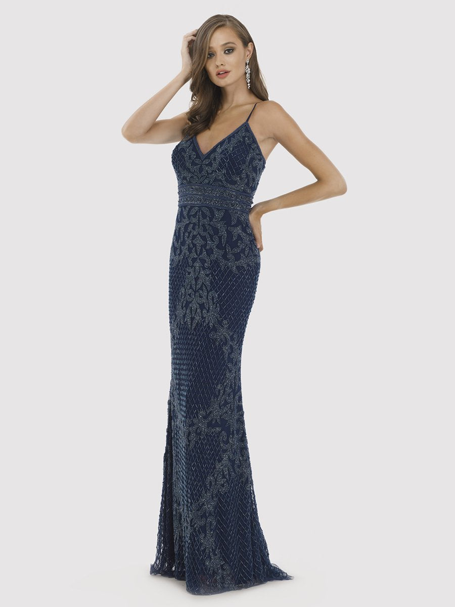 Prom Dresses Beaded Long Formal Fitted Prom Dress Dark Blue
