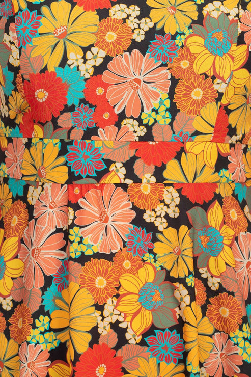 Cocktail Dresses A Line Floral Print Midi Length Cocktail Dress Black Mustard