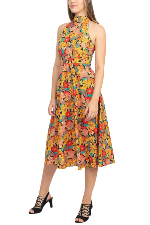 Cocktail Dresses A Line Floral Print Midi Length Cocktail Dress Black Mustard