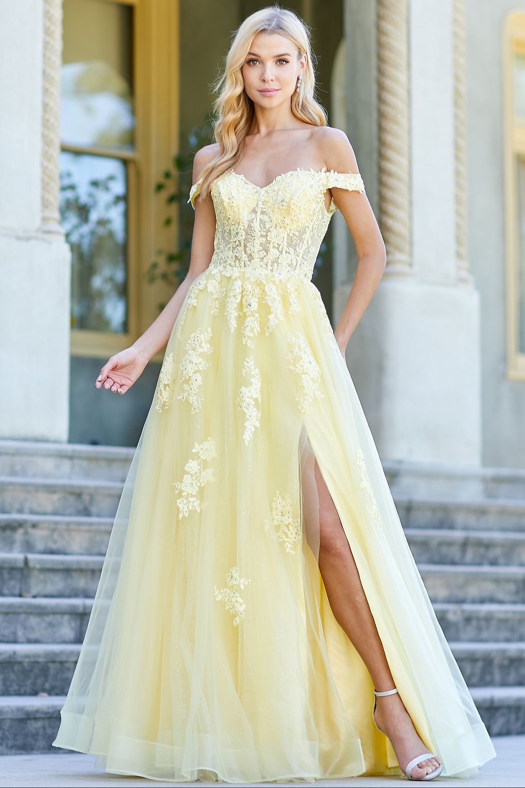 Prom Dresses A Line Long Formal Applique Prom Dress Yellow