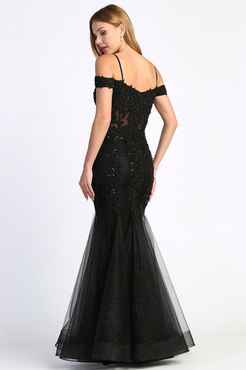Prom Dresses Long Beaded Lace Formal Corset Prom Dress Black