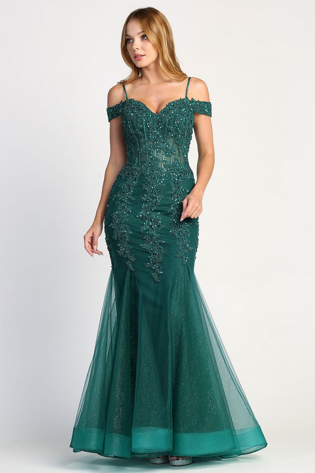 Prom Dresses Long Beaded Lace Formal Corset Prom Dress Emerald