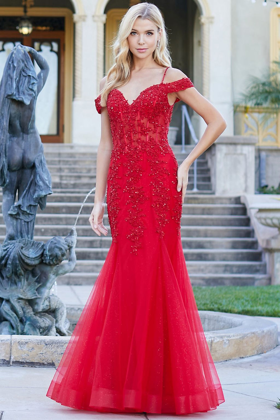 Prom Dresses Long Beaded Lace Formal Corset Prom Dress Red