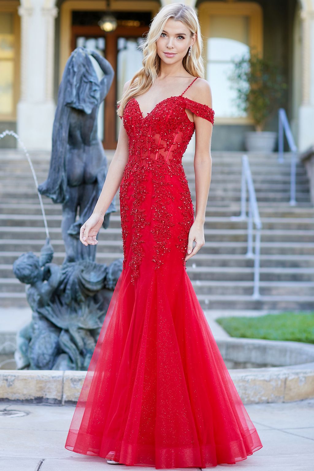 Prom Dresses Long Beaded Lace Formal Corset Prom Dress Red