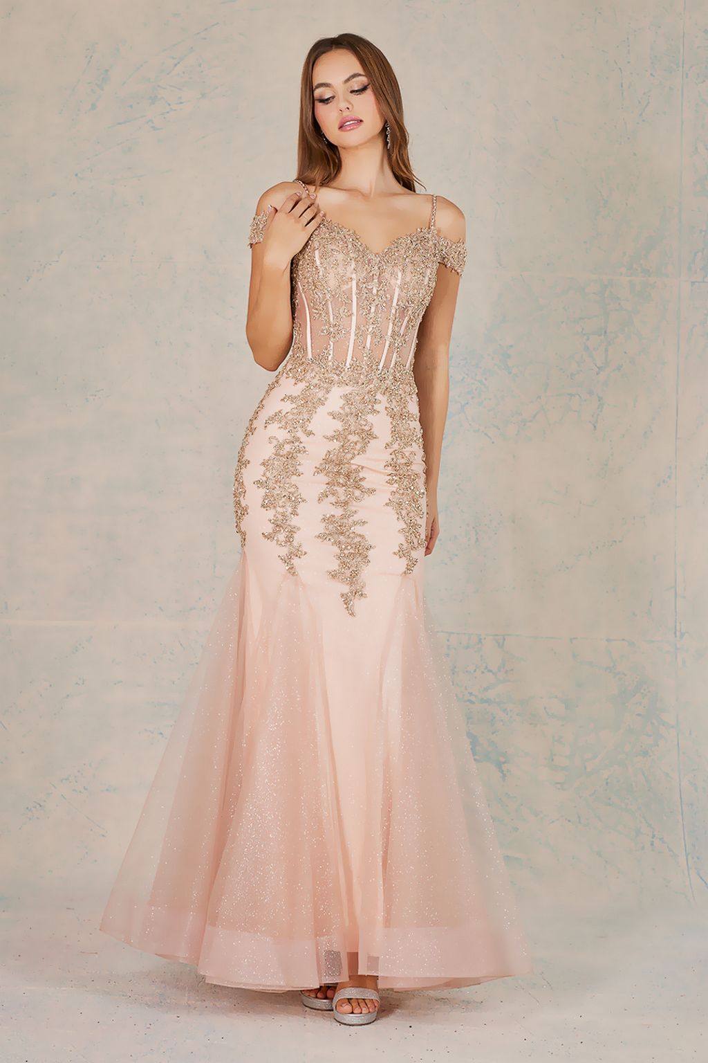 Prom Dresses Long Beaded Lace Formal Corset Prom Dress Rose Gold