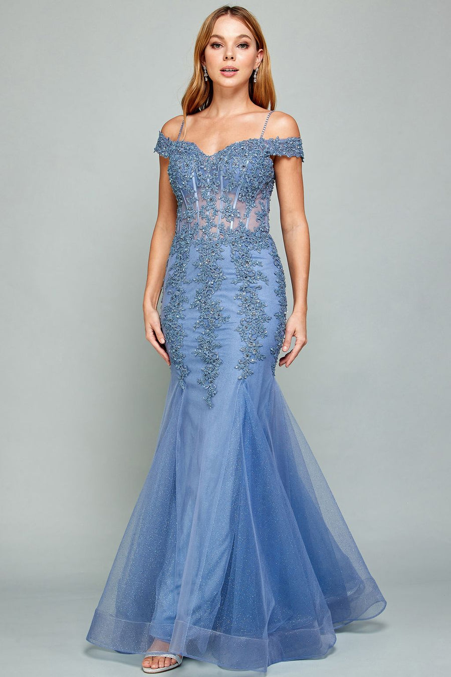 Prom Dresses Long Beaded Lace Formal Corset Prom Dress Slate Blue