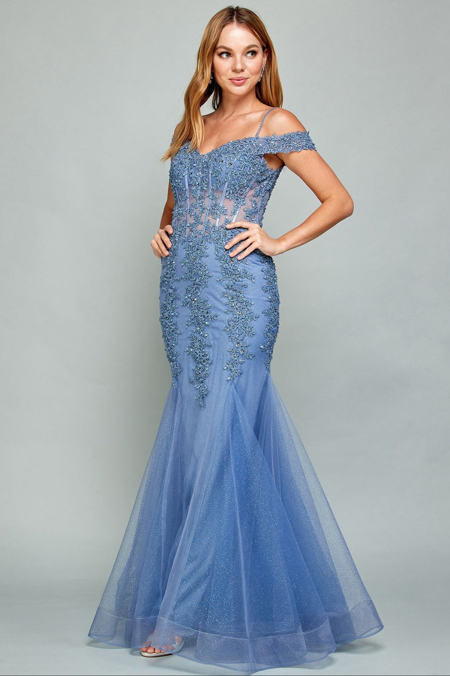 Prom Dresses Long Beaded Lace Formal Corset Prom Dress Slate Blue