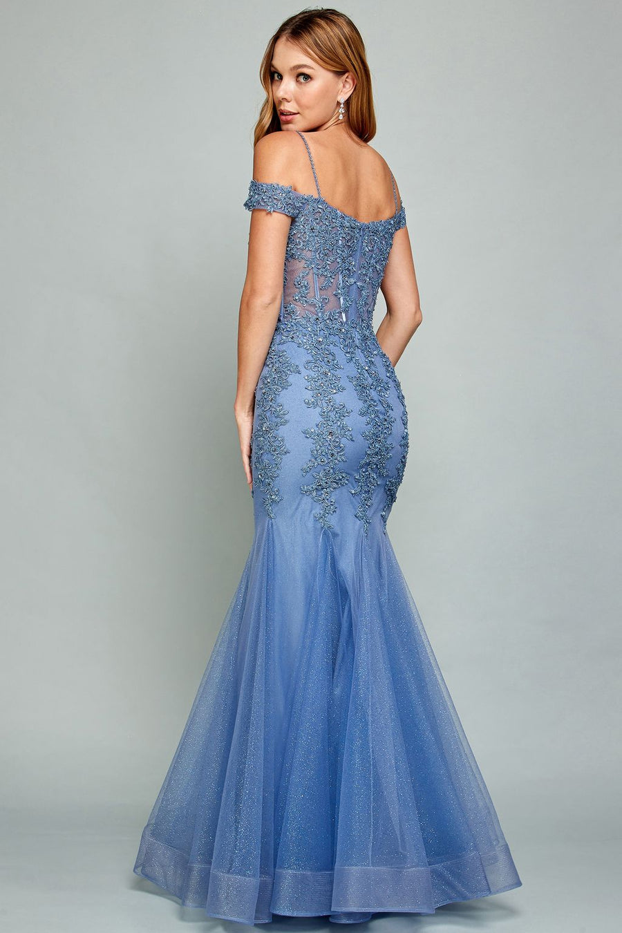 Prom Dresses Long Beaded Lace Formal Corset Prom Dress Slate Blue